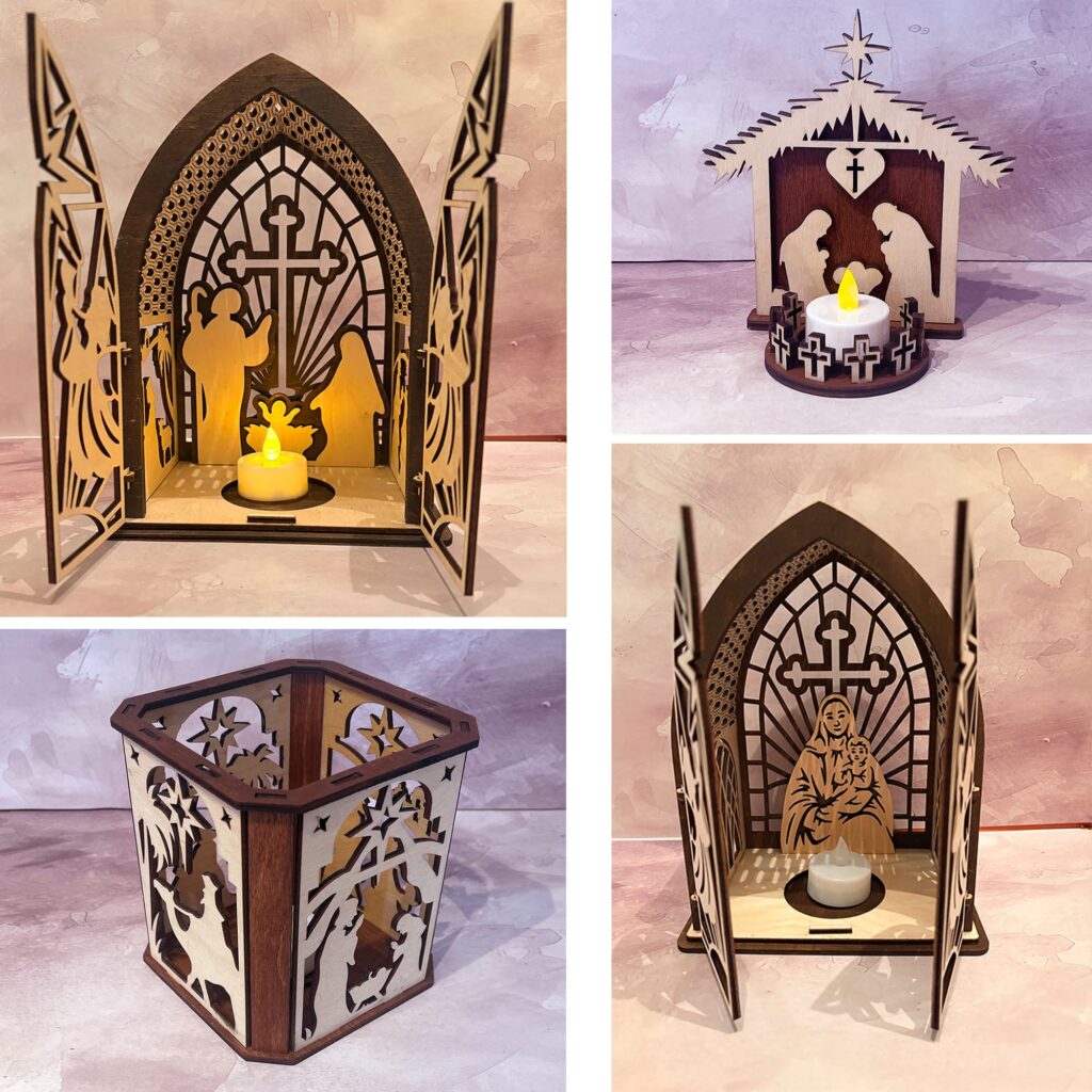 Wooden spiritual lantern religious scene LED