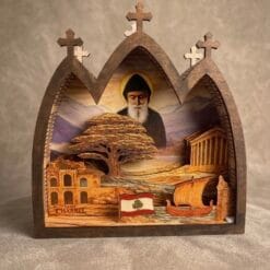 Saint Charbel Wooden Icon with USB LED light, handcrafted laser-cut wood layers featuring Lebanese Christian heritage and sacred symbolism