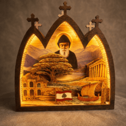 Saint Charbel Wooden Icon with USB LED light, handcrafted laser-cut wood layers featuring Lebanese Christian heritage and sacred symbolism